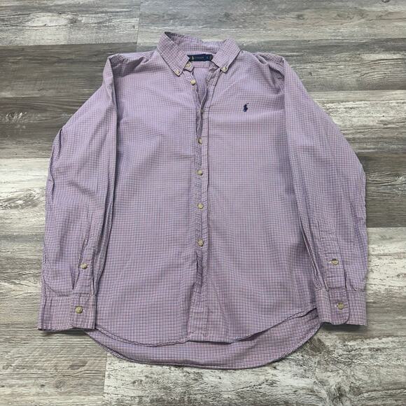 Polo Ralph Lauren Check Red Purple White Men L Long Sleeve Pony Button Up Shirt - Picture 1 of 8